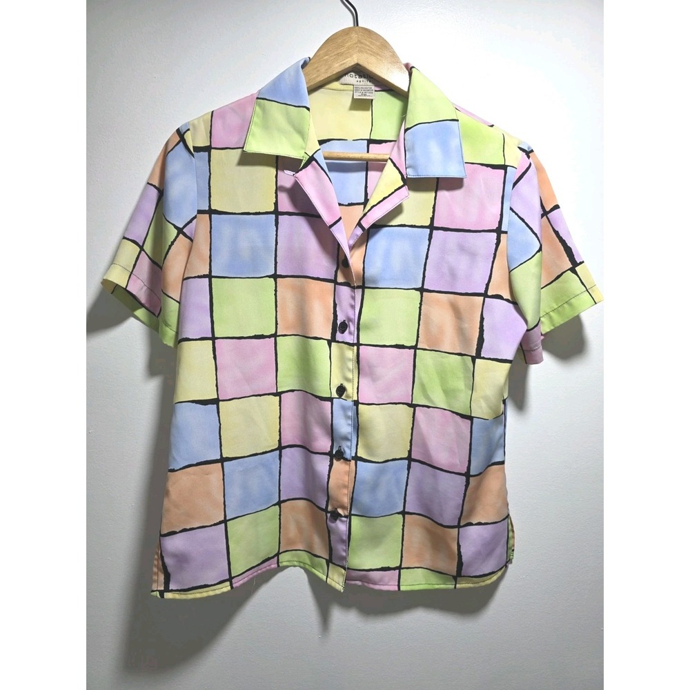 NOTATIONS Women's Pastel Grid Button Up Blouse Short Sleeve Collared Size PM